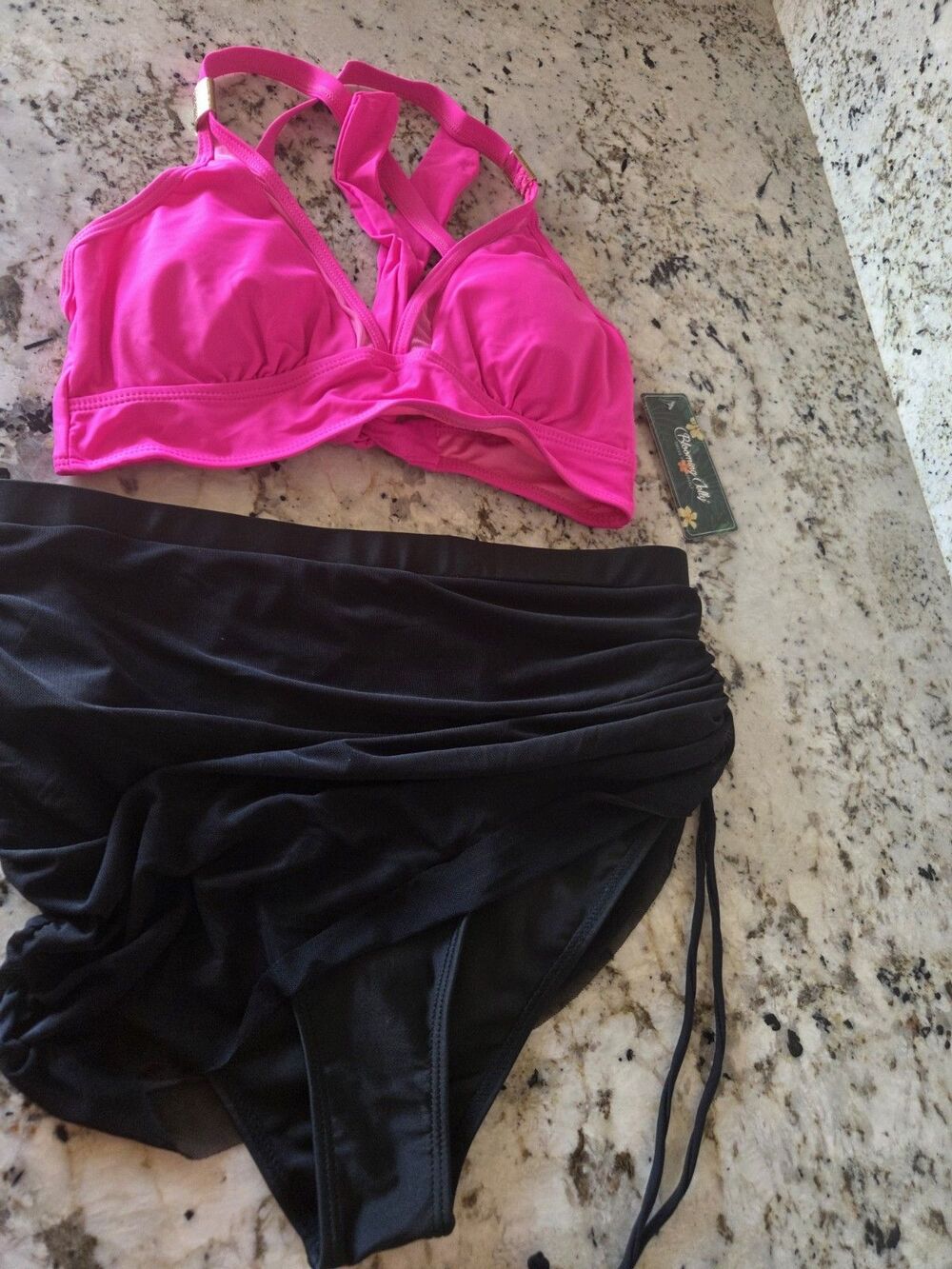 Blooming Jelly Women's 2-Piece Halter Bikini Top High-Waist Bottom Pink Black S - Picture 2 of 4